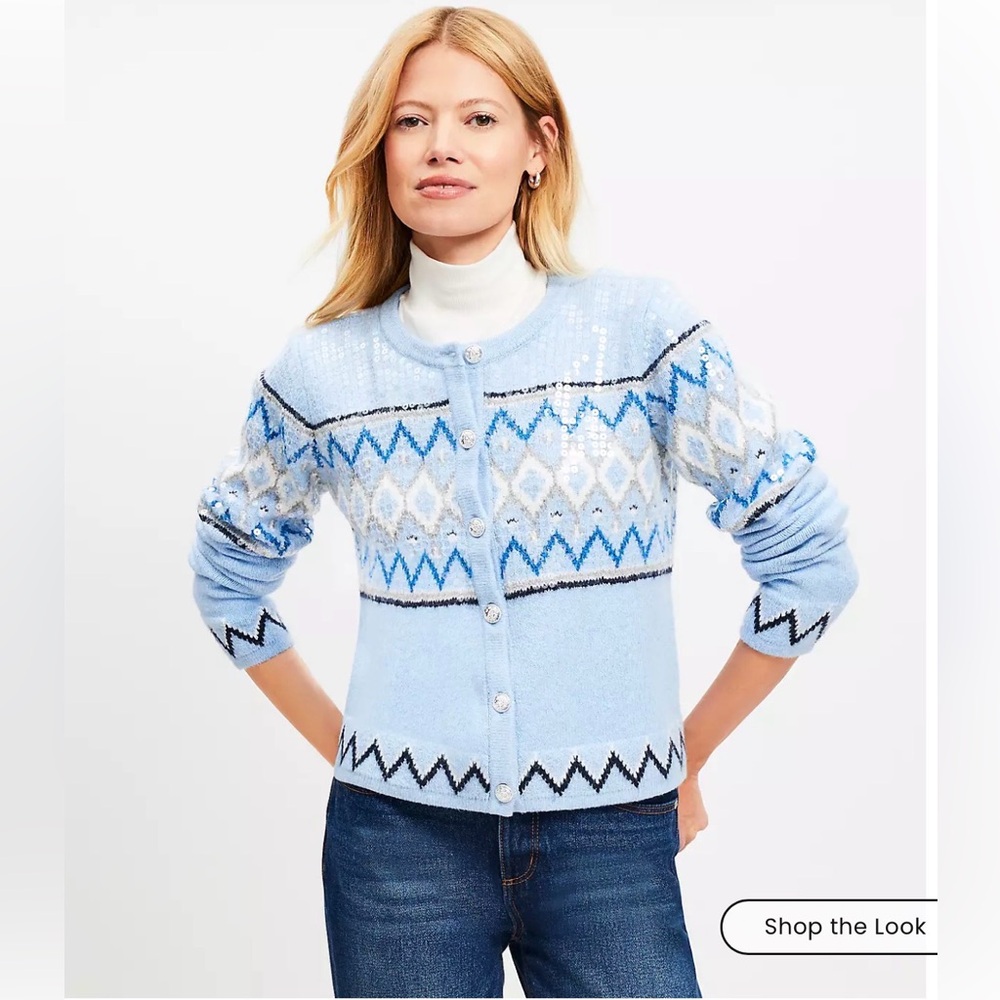 LOFT Sequin Fair Isle Sweater Jacket Light Blue Medium NWT